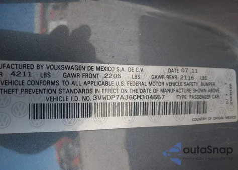 2012 Volkswagen Jetta 2.5L Se from USA, damaged, VIN 3VWDP7AJ6CM304557